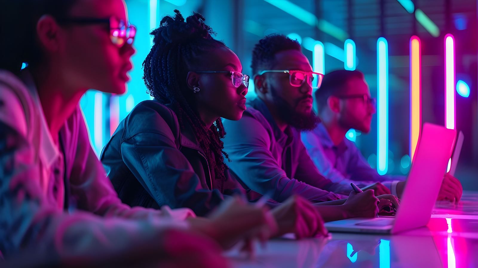 Team collaborating in a modern high-tech meeting room